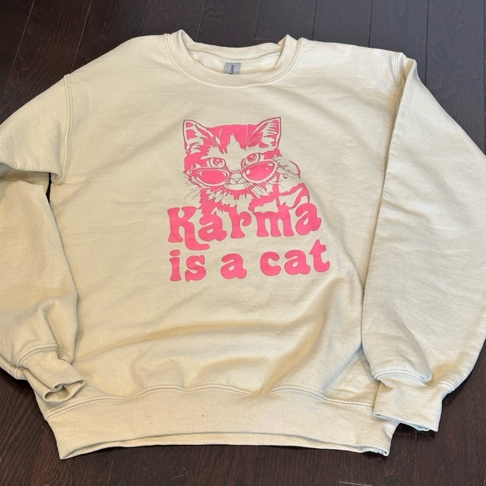 ⚡️2/$25⚡️Karma Cat Beige Pink Heavy Cotton Women’s Crewneck Sweater |Cat Lover😻